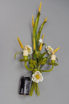 Italian Toleware White Poppy and Wheat Green Floral Bouquet Two-Light Sconce, 1960s-KEG-1781068