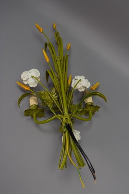 Italian Toleware White Poppy and Wheat Green Floral Bouquet Two-Light Sconce, 1960s-KEG-1781068