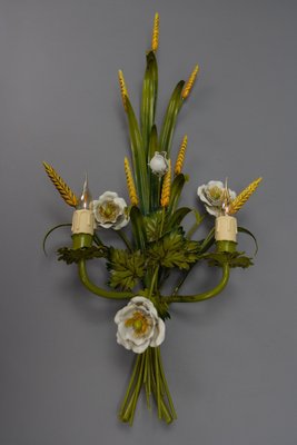 Italian Toleware White Poppy and Wheat Green Floral Bouquet Two-Light Sconce, 1960s-KEG-1781068