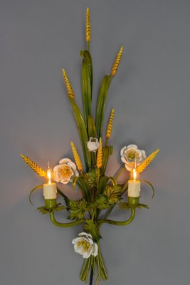 Italian Toleware White Poppy and Wheat Green Floral Bouquet Two-Light Sconce, 1960s-KEG-1781068