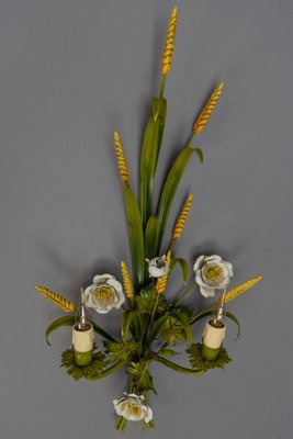 Italian Toleware White Poppy and Wheat Green Floral Bouquet Two-Light Sconce, 1960s-KEG-1781068