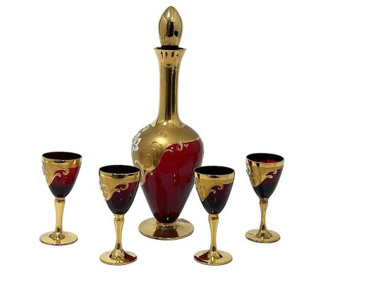 Italian Tre Fuochi Liquor Set in Ruby Red Crystal Glass, 1950s, Set of 5-UCH-1754162