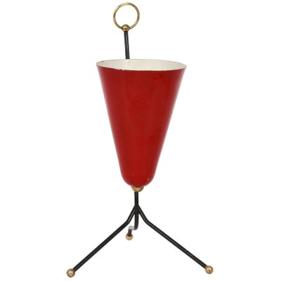 Italian Tripod Conical Red Lacquered Metal and Brass Table Lamp, 1950s-JDR-1125527