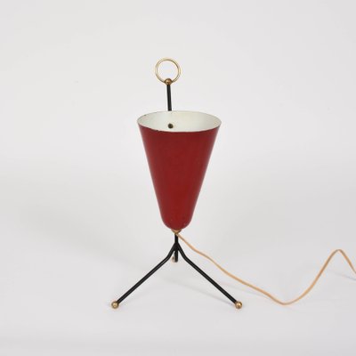 Italian Tripod Conical Red Lacquered Metal and Brass Table Lamp, 1950s-JDR-1125527