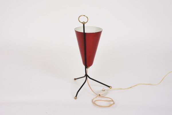 Italian Tripod Conical Red Lacquered Metal and Brass Table Lamp, 1950s-JDR-1125527