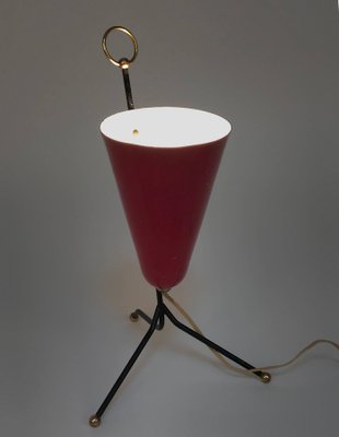 Italian Tripod Conical Red Lacquered Metal and Brass Table Lamp, 1950s-JDR-1125527