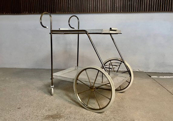 Italian Tubular Brass Steel and Punched Metal Bar Cart, 1950s-JP-949147