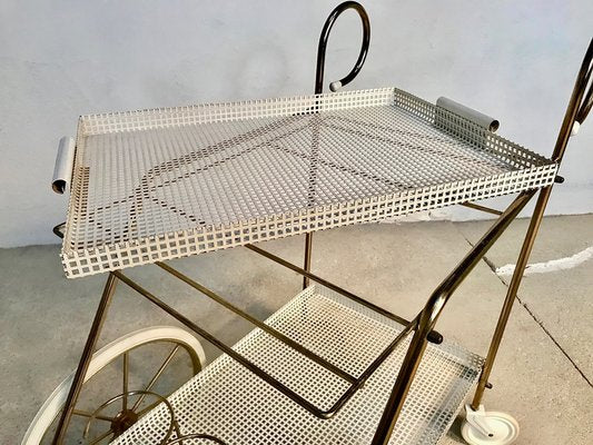 Italian Tubular Brass Steel and Punched Metal Bar Cart, 1950s-JP-949147