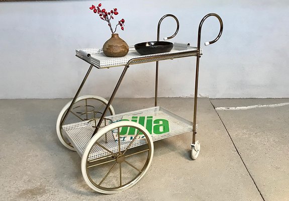 Italian Tubular Brass Steel and Punched Metal Bar Cart, 1950s-JP-949147