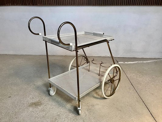 Italian Tubular Brass Steel and Punched Metal Bar Cart, 1950s-JP-949147