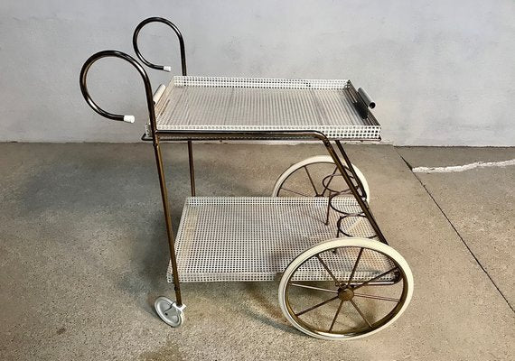 Italian Tubular Brass Steel and Punched Metal Bar Cart, 1950s-JP-949147