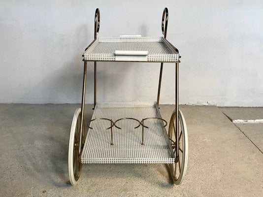 Italian Tubular Brass Steel and Punched Metal Bar Cart, 1950s-JP-949147