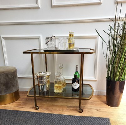 Italian Two-Tier Brass and Glass Bar Cart with Dark Glass Top by Milo Baughman, 1960s-EUP-1326730