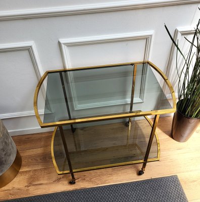 Italian Two-Tier Brass and Glass Bar Cart with Dark Glass Top by Milo Baughman, 1960s-EUP-1326730