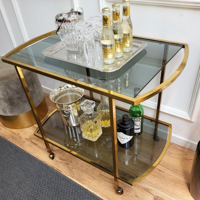 Italian Two-Tier Brass and Glass Bar Cart with Dark Glass Top by Milo Baughman, 1960s-EUP-1326730