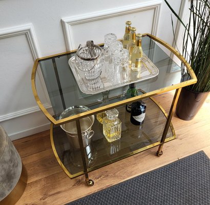 Italian Two-Tier Brass and Glass Bar Cart with Dark Glass Top by Milo Baughman, 1960s-EUP-1326730