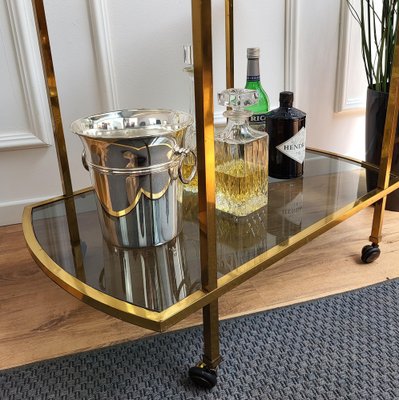 Italian Two-Tier Brass and Glass Bar Cart with Dark Glass Top by Milo Baughman, 1960s-EUP-1326730