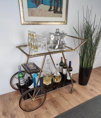 Italian Two-Tier Brass and Glass Bar Cart with Removable Top Tray, 1970s-EUP-1175768