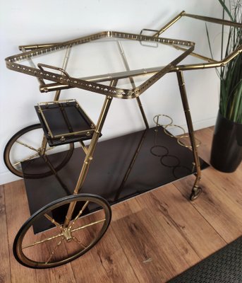 Italian Two-Tier Brass and Glass Bar Cart with Removable Top Tray, 1970s-EUP-1175768