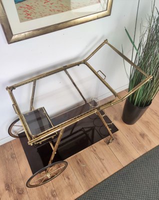 Italian Two-Tier Brass and Glass Bar Cart with Removable Top Tray, 1970s-EUP-1175768