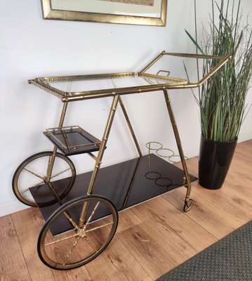 Italian Two-Tier Brass and Glass Bar Cart with Removable Top Tray, 1970s-EUP-1175768