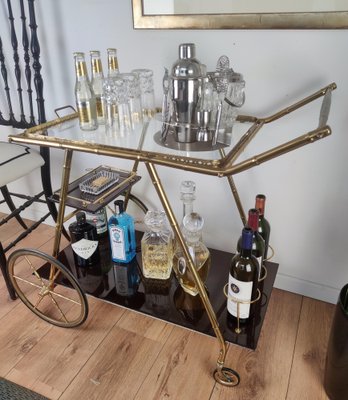 Italian Two-Tier Brass and Glass Bar Cart with Removable Top Tray, 1970s-EUP-1175768