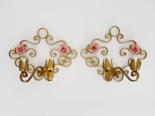 Italian Wall Lights in Gold Wrought Iron and Pink Enameled Metal, 1950s, Set of 2-MZP-2027771