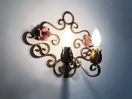 Italian Wall Lights in Gold Wrought Iron and Pink Enameled Metal, 1950s, Set of 2-MZP-2027771