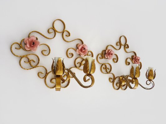 Italian Wall Lights in Gold Wrought Iron and Pink Enameled Metal, 1950s, Set of 2-MZP-2027771