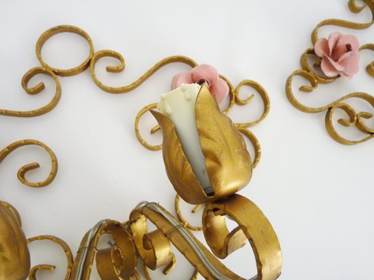 Italian Wall Lights in Gold Wrought Iron and Pink Enameled Metal, 1950s, Set of 2-MZP-2027771