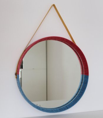 Italian Wall Mirror in Red and Blue with Yellow Ribbon, 1950s-VNE-995626