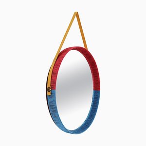 Italian Wall Mirror in Red and Blue with Yellow Ribbon, 1950s-VNE-995626