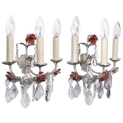 Italian Wall Sconces in Tole & Crystal, Italy, 1940s, Set of 2-DEK-932491