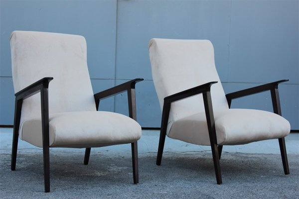 Italian Walnut and Beige Velvet Lounge Chairs, 1950s, Set of 2-EH-669470