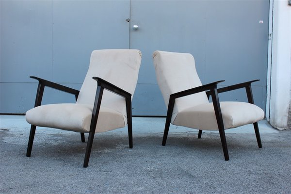 Italian Walnut and Beige Velvet Lounge Chairs, 1950s, Set of 2-EH-669470