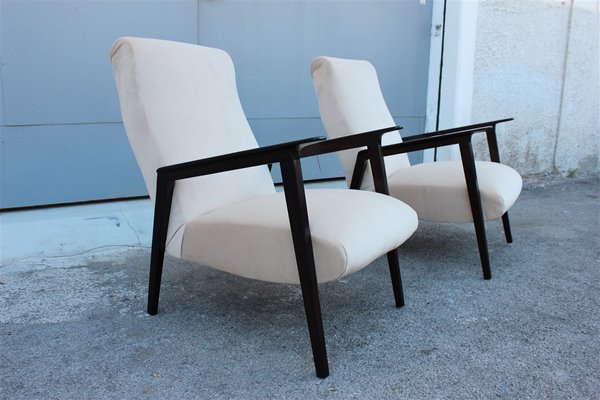 Italian Walnut and Beige Velvet Lounge Chairs, 1950s, Set of 2-EH-669470