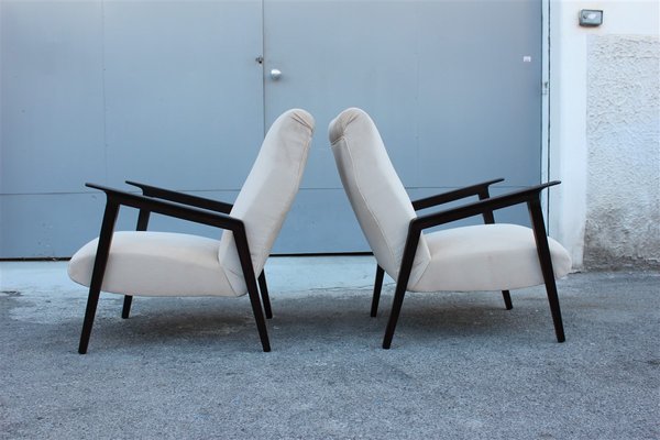 Italian Walnut and Beige Velvet Lounge Chairs, 1950s, Set of 2-EH-669470