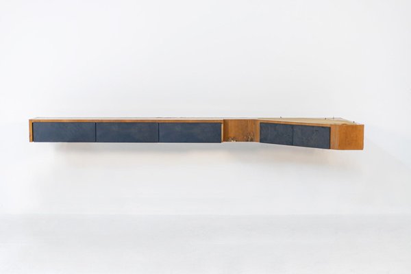 Italian Walnut and Blue Fabric Wall Console by Melchiorre Bega-RCE-1099467