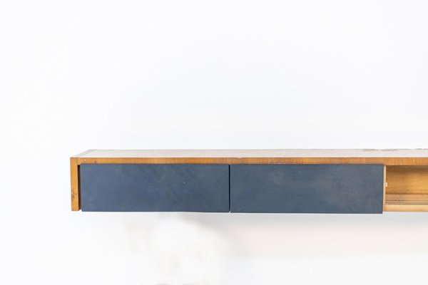 Italian Walnut and Blue Fabric Wall Console by Melchiorre Bega-RCE-1099467