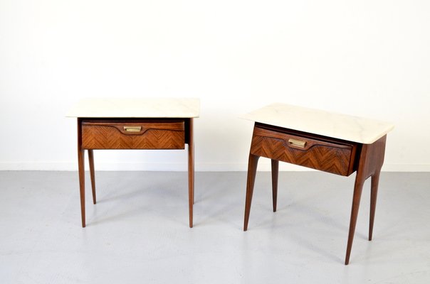 Italian Walnut and Carrara Marble Nightstands, 1960s, Set of 2-DUG-2041243