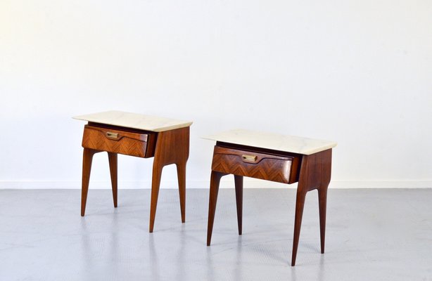 Italian Walnut and Carrara Marble Nightstands, 1960s, Set of 2-DUG-2041243