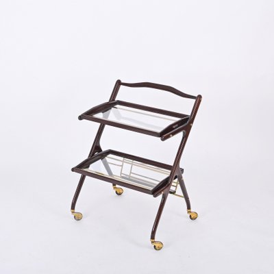 Italian Walnut, Brass and Glass Bar Cart with Bottle Holder by Cesare Lacca, 1950s-JDR-1779822