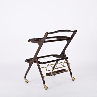 Italian Walnut, Brass and Glass Bar Cart with Bottle Holder by Cesare Lacca, 1950s-JDR-1779822