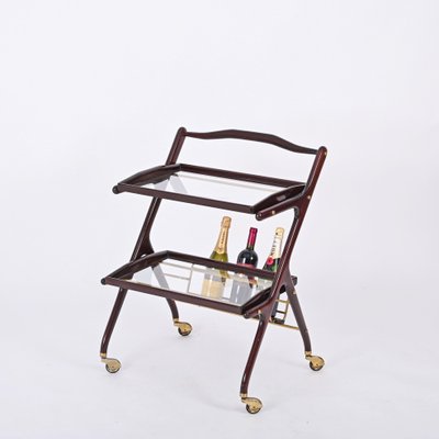 Italian Walnut, Brass and Glass Bar Cart with Bottle Holder by Cesare Lacca, 1950s-JDR-1779822