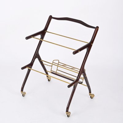 Italian Walnut, Brass and Glass Bar Cart with Bottle Holder by Cesare Lacca, 1950s-JDR-1779822