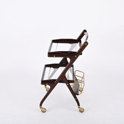 Italian Walnut, Brass and Glass Bar Cart with Bottle Holder by Cesare Lacca, 1950s-JDR-1779822