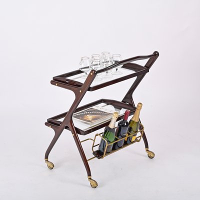 Italian Walnut, Brass and Glass Bar Cart with Bottle Holder by Cesare Lacca, 1950s-JDR-1779822