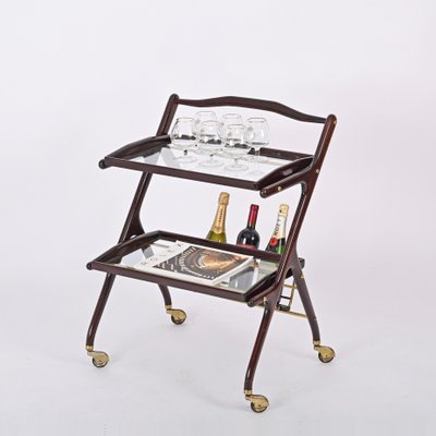 Italian Walnut, Brass and Glass Bar Cart with Bottle Holder by Cesare Lacca, 1950s-JDR-1779822