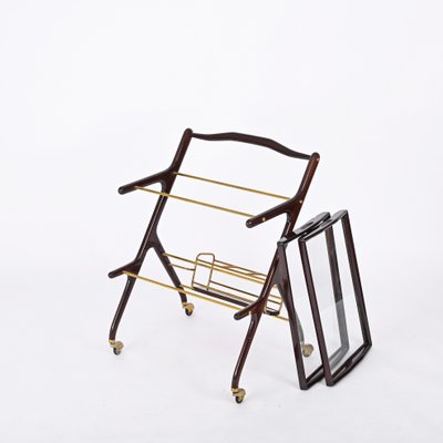 Italian Walnut, Brass and Glass Bar Cart with Bottle Holder by Cesare Lacca, 1950s-JDR-1779822