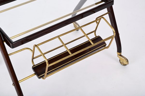 Italian Walnut, Brass and Glass Bar Cart with Bottle Holder by Cesare Lacca, 1950s-JDR-1779822